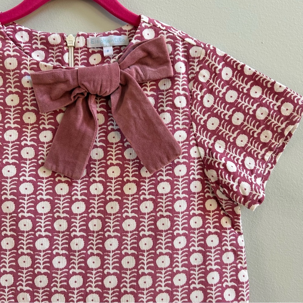 Elephantito Pink and White Short Sleeve Corduroy Floral Dress with Bow, Size 8 - Picture 4 of 7